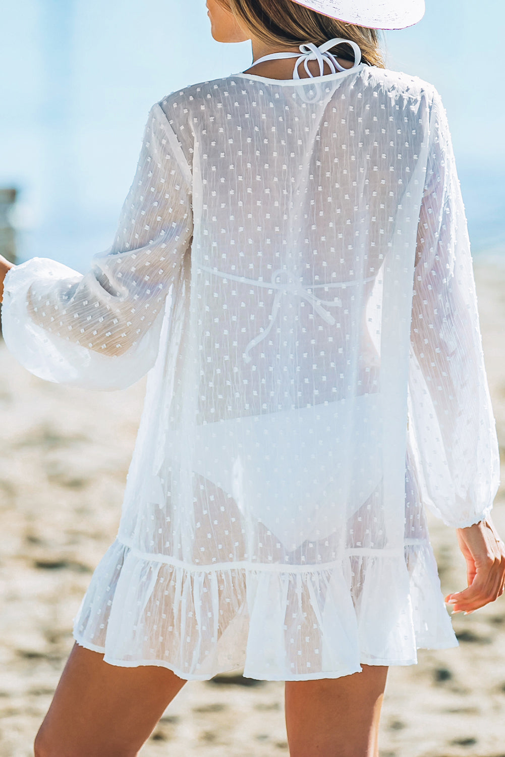 White Swiss Dot Long Sleeve Cover Up