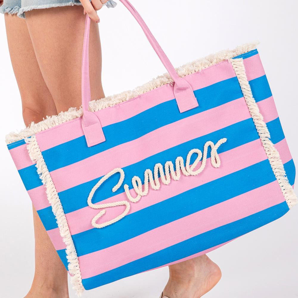 Striped Canvas Summer Tote - Pink & Blue