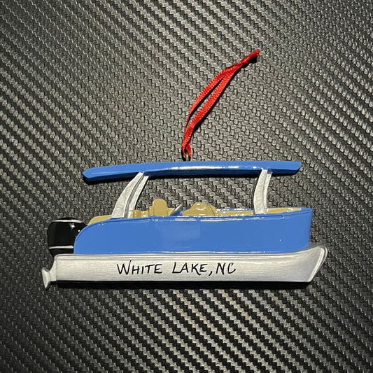 White Lake Ornament - Pontoon Boat Blue