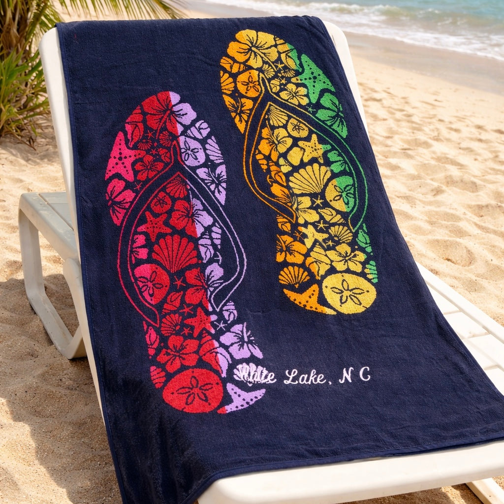 White Lake Towel - Navy Flip Flops