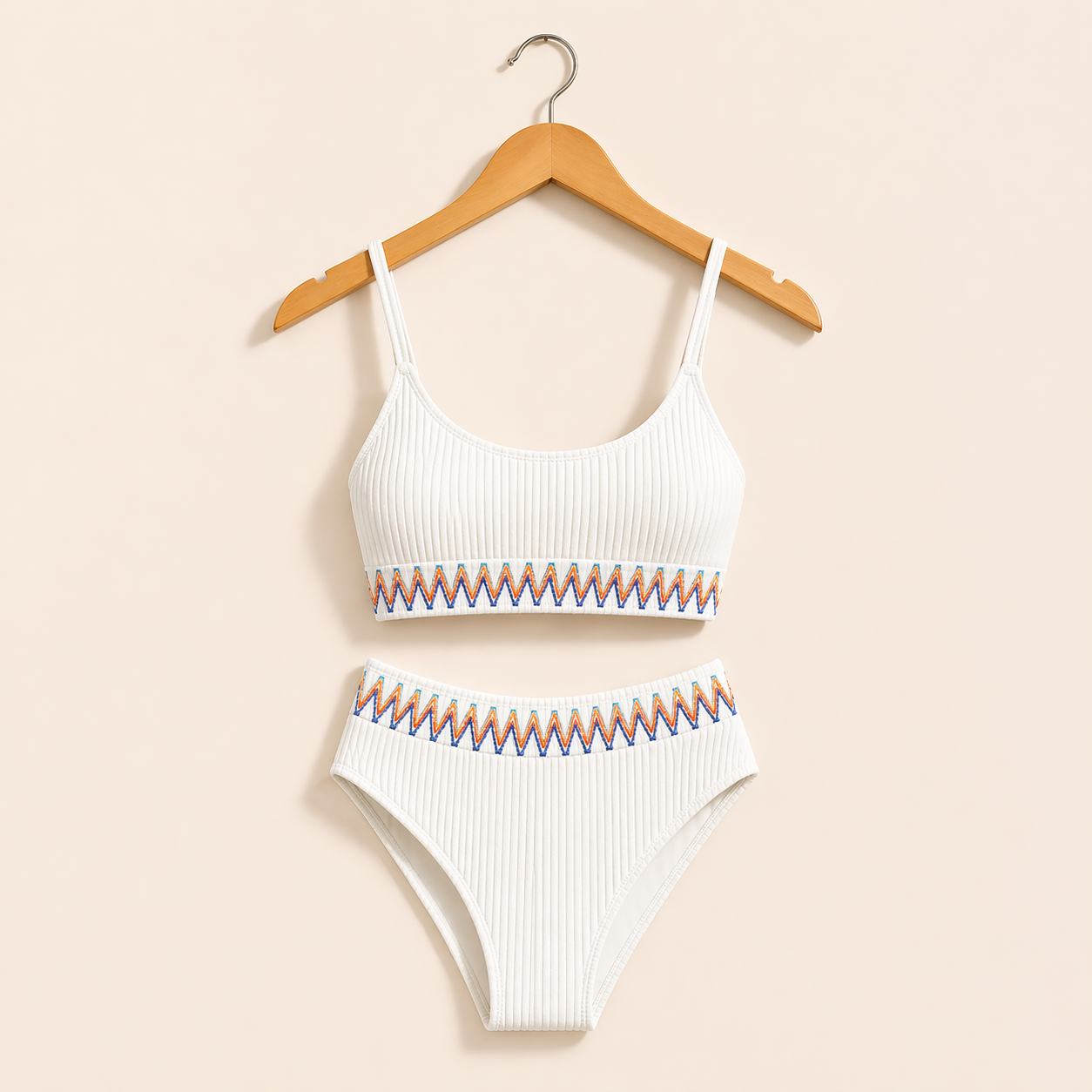 White Textured Banding Two Piece Swimsuit