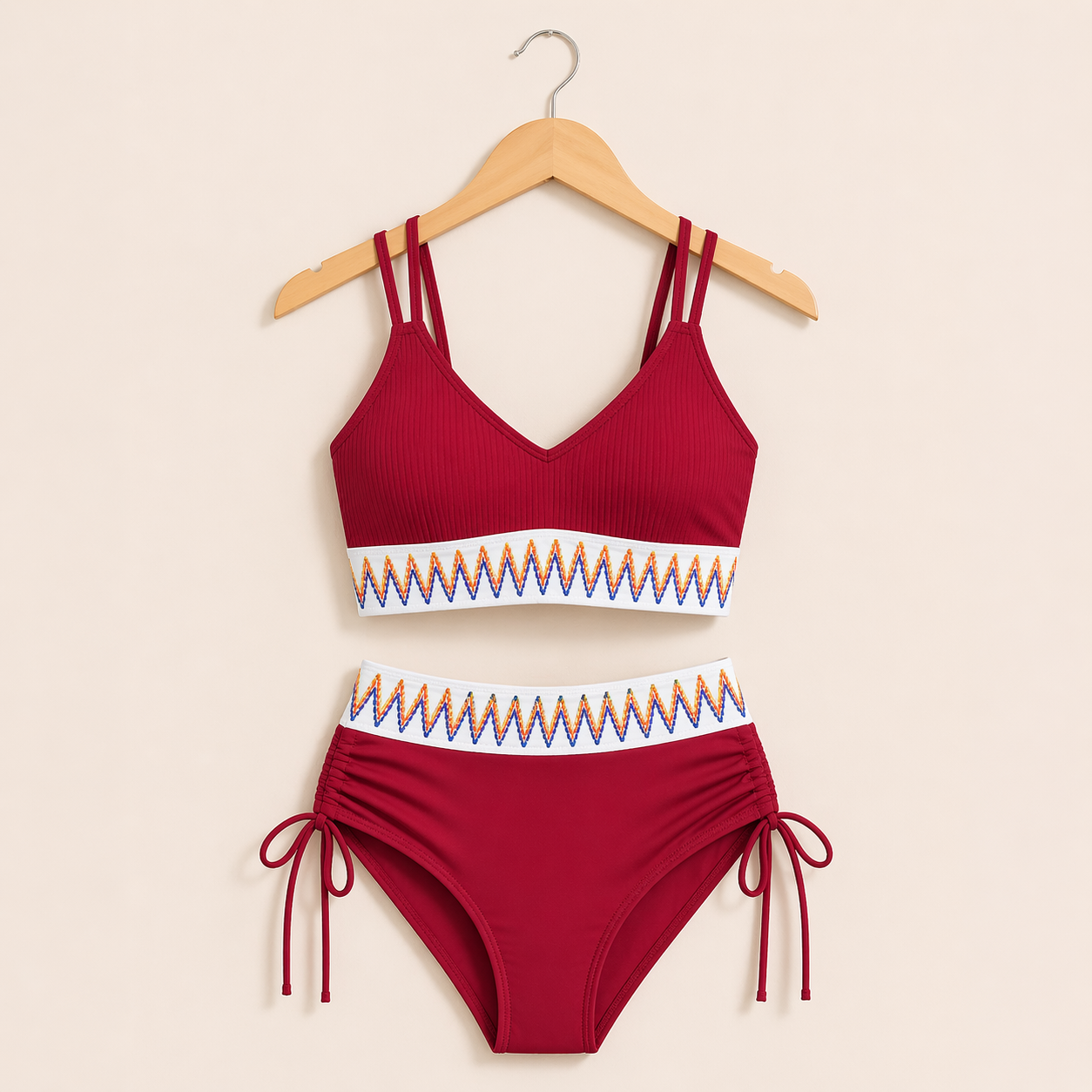 Racing Red Ribbed Two Piece Swimsuit