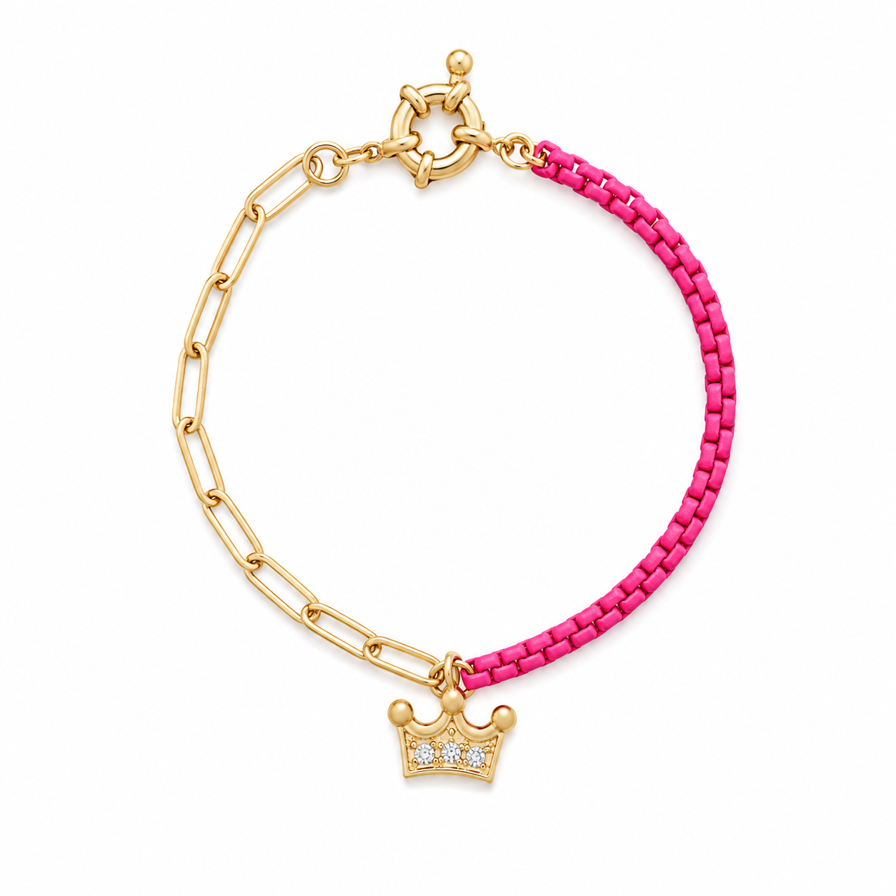 JM Kids Gold Chain/Hot Pink with Crystal Crown Bracelet
