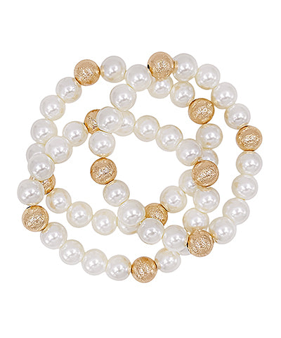 GS 3 Row Pearl & Metal Ball Bracelet