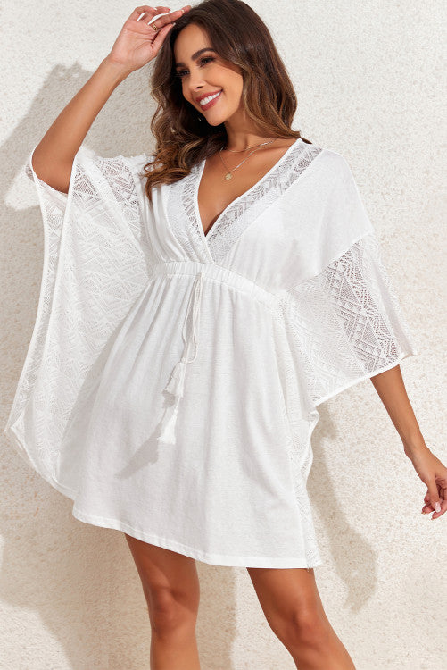 White Lace Patch Kimono Sleeve Cover-up