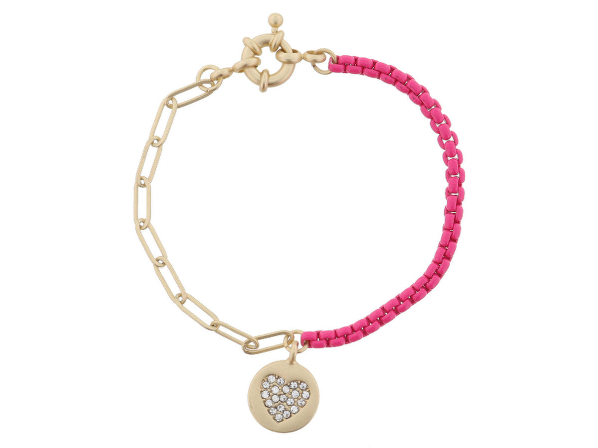 JM Kids Gold Chain/Hot Pink with Crystal Heart Gold Bracelet