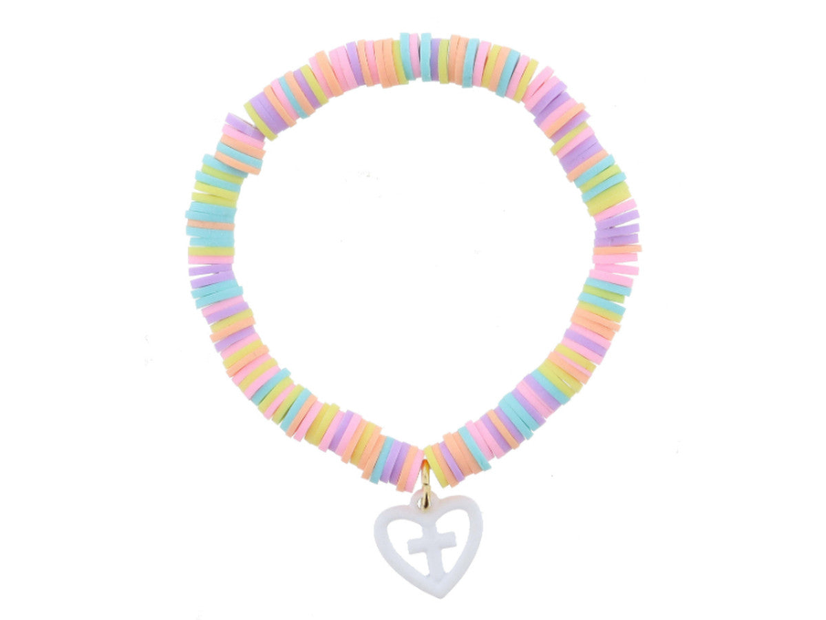 Kids Multi Pastel Rubber Beaded Bracelet - White Cross in Heart