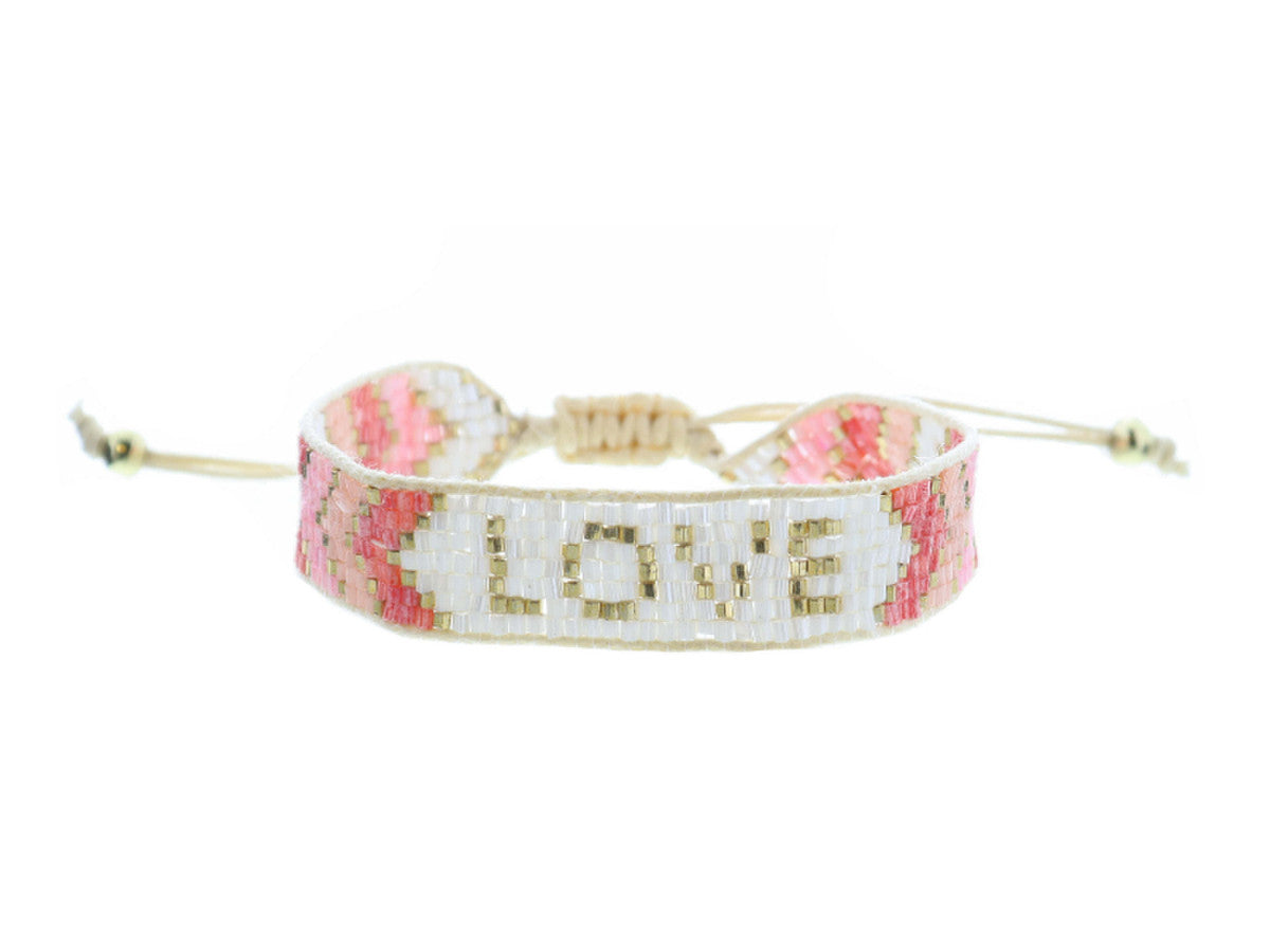 JM Kids Red Peach Pink White Gold "Love" Woven Beaded Bracelet