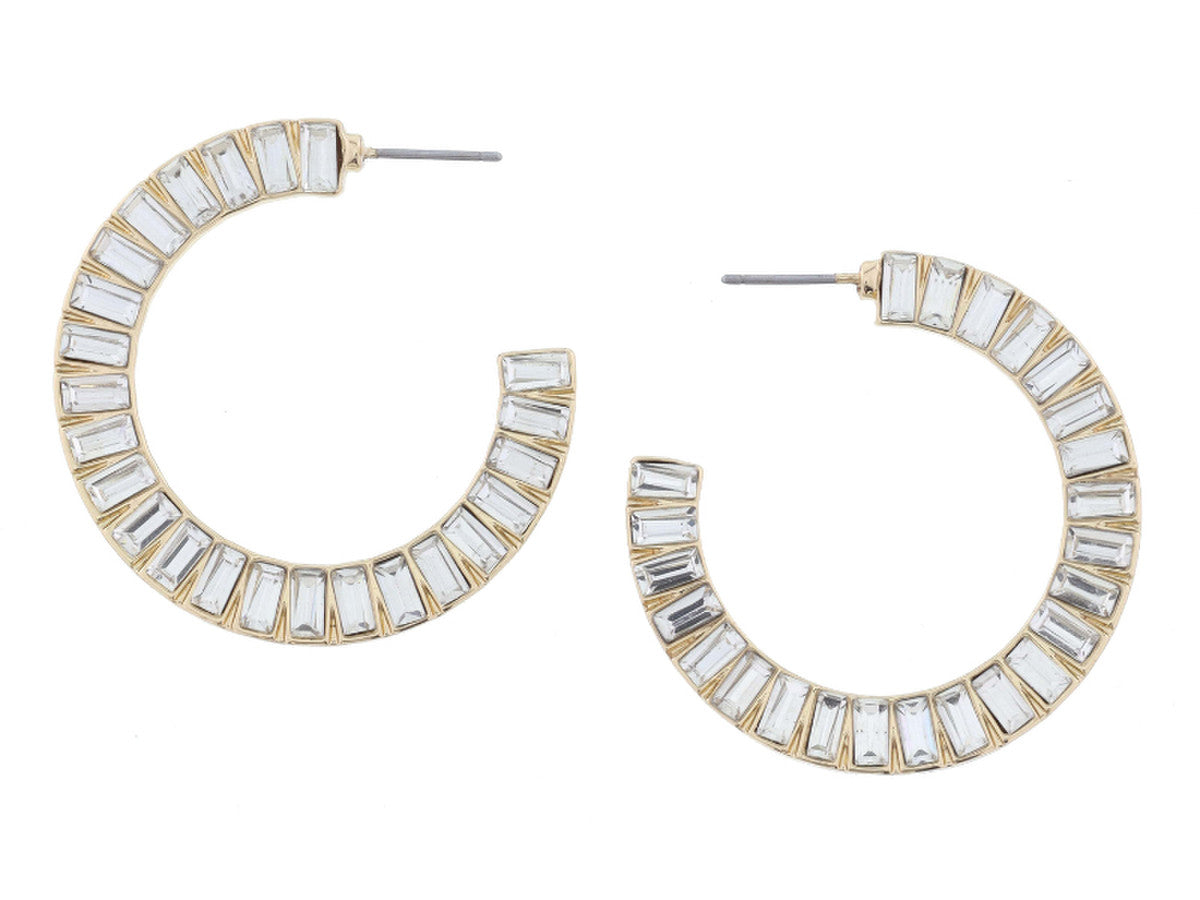 JM Clear Baguette Crystal Flat Hoop Earrings
