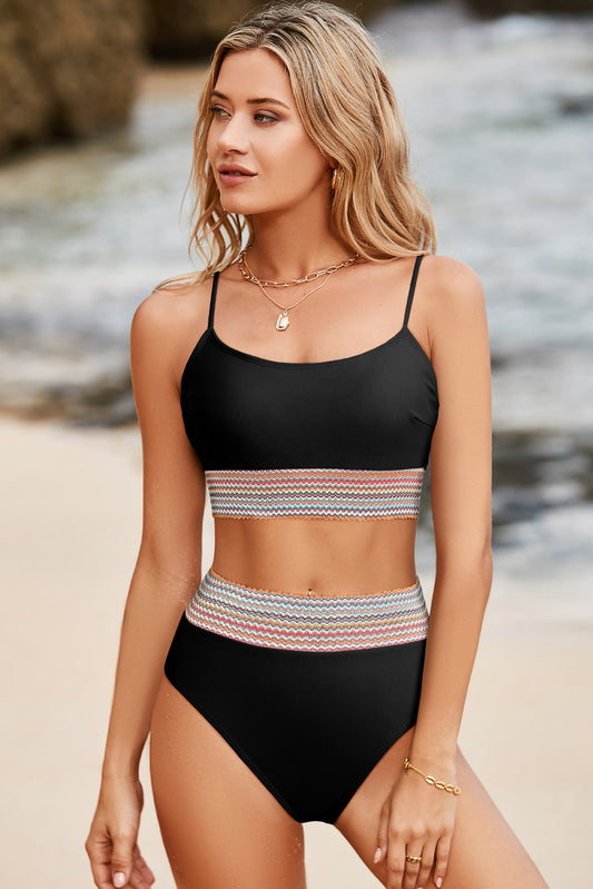 Black Striped Patchwork Bikini