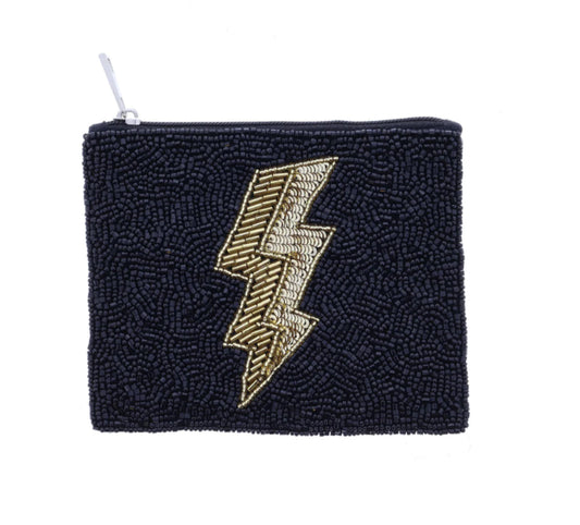 JM Beaded Black with Gold Lightening Bolt Coin Purse