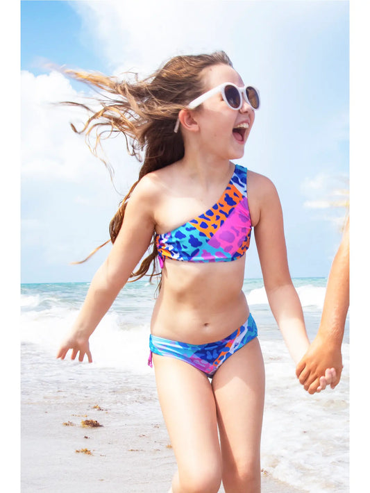 Lucia-Multicolor Leopard Print One-Shoulder Bikini for Girls