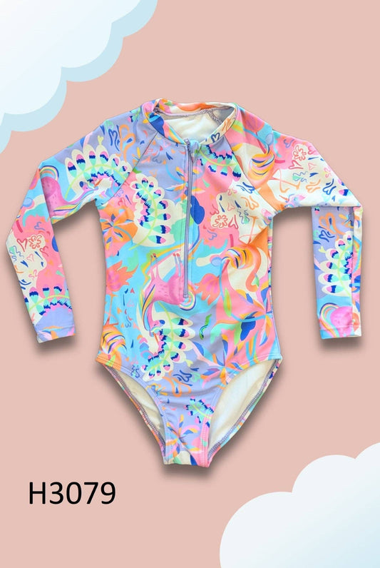 Girls Tropical Long Sleeve Swim Suit