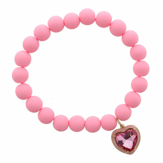 JM Kids Pink Crystal Heart On Pink Beads Bracelet