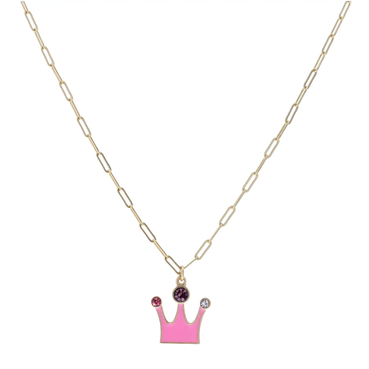 JM Kids 14" Pink Crown with Multi Crystals Necklace