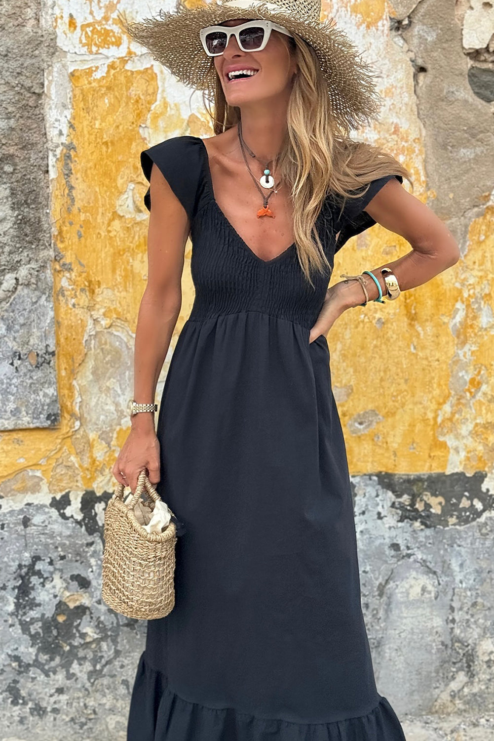 Black V-Neck Flutter Sleeve Maxi Dress