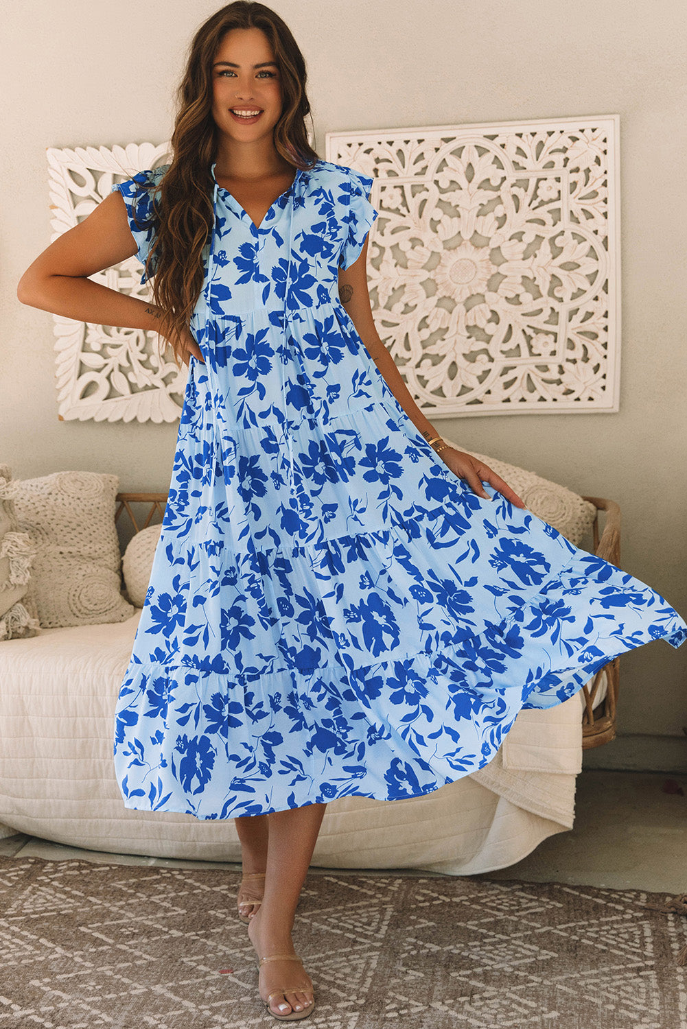 Sky Blue Floral Print Maxi Dress