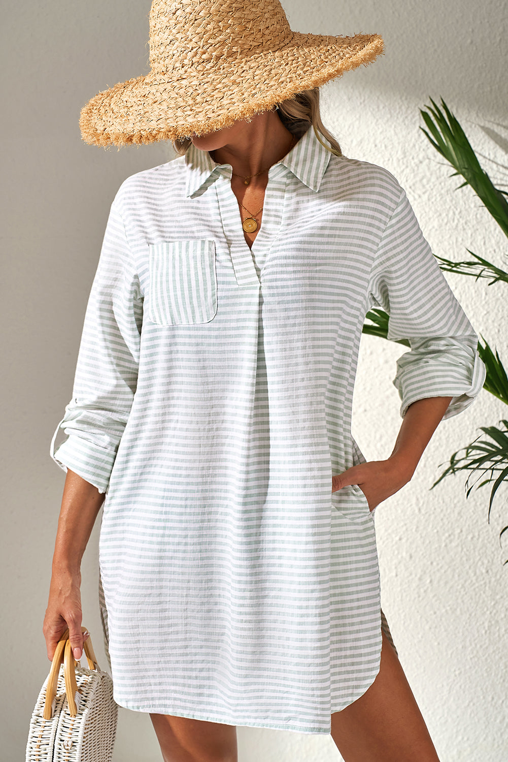 White Stripe Collared V Neck Beach Dress