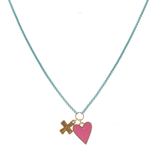 Kids Mint Box Chain with Cross and Pink Heart Necklace