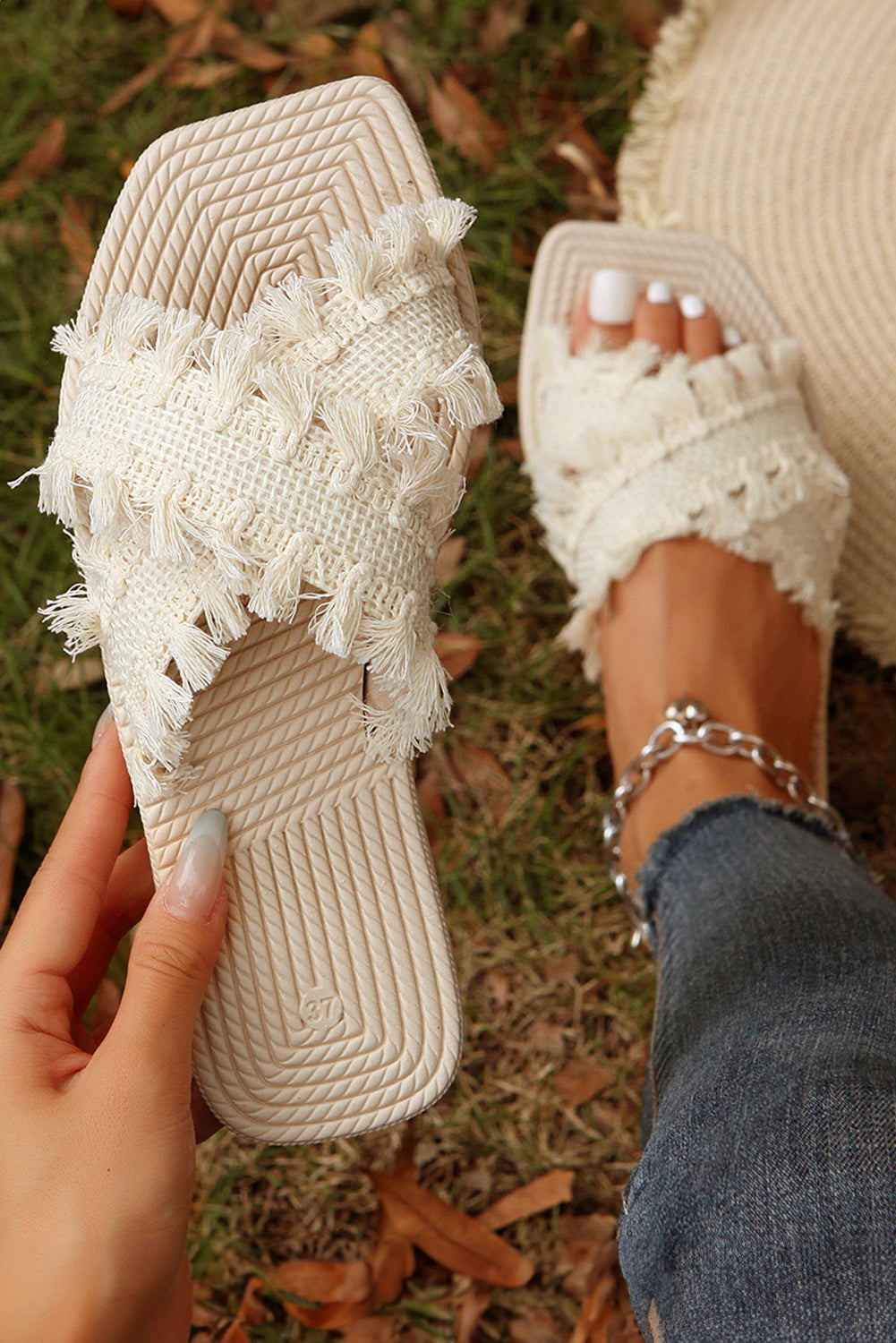 Beige Tassel Cross Strap Flat Sandals