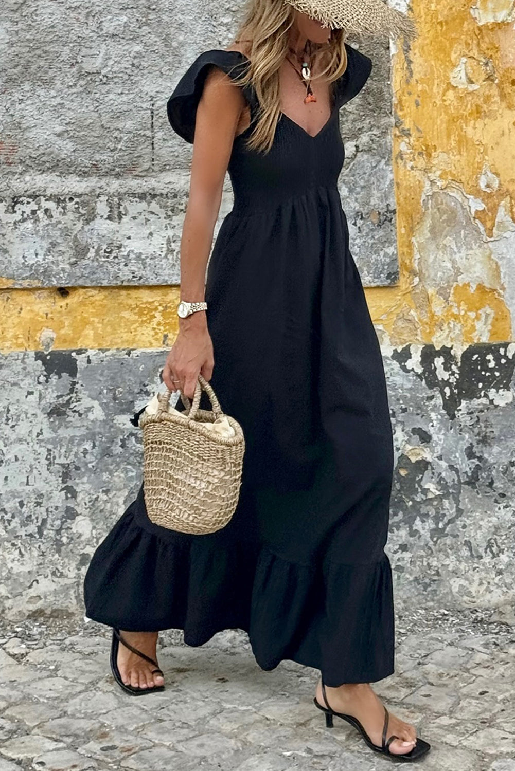 Black V-Neck Flutter Sleeve Maxi Dress