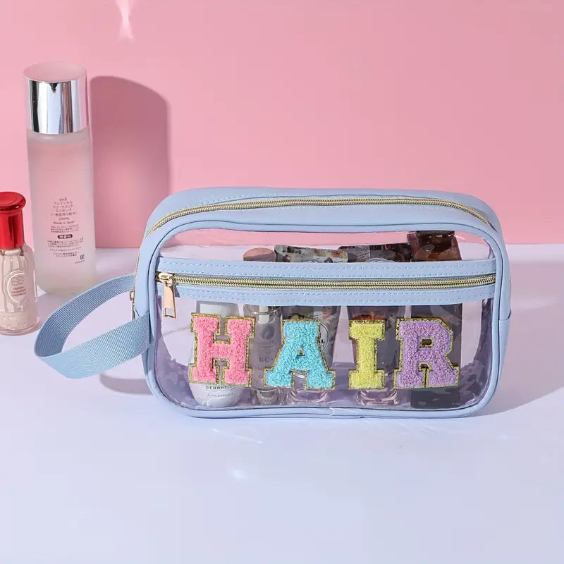 Letter Patch Cosmetic Bag - Light Blue