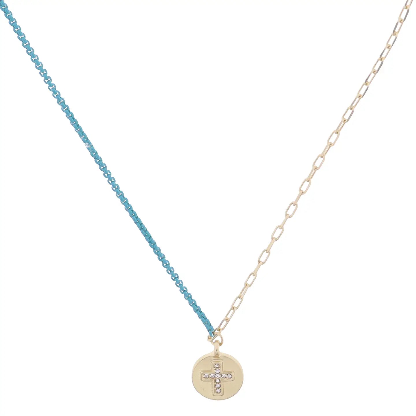 JM Kids Half Gold Chain, Turquoise Chain with Cross Necklace