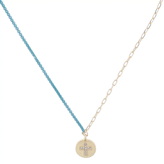 JM Kids Half Gold Chain, Turquoise Chain with Cross Necklace