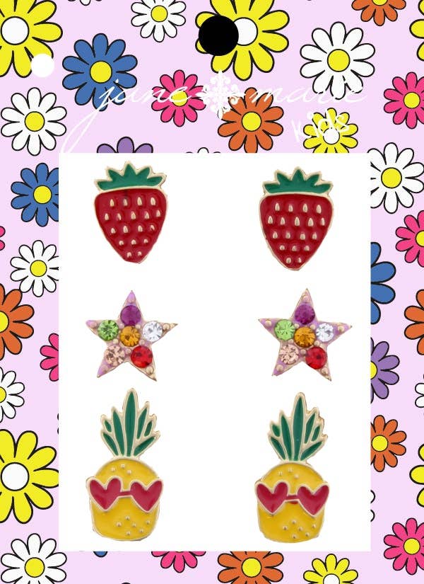 Kids Strawberry, Crystal Star, Pineapple with Shades Earring