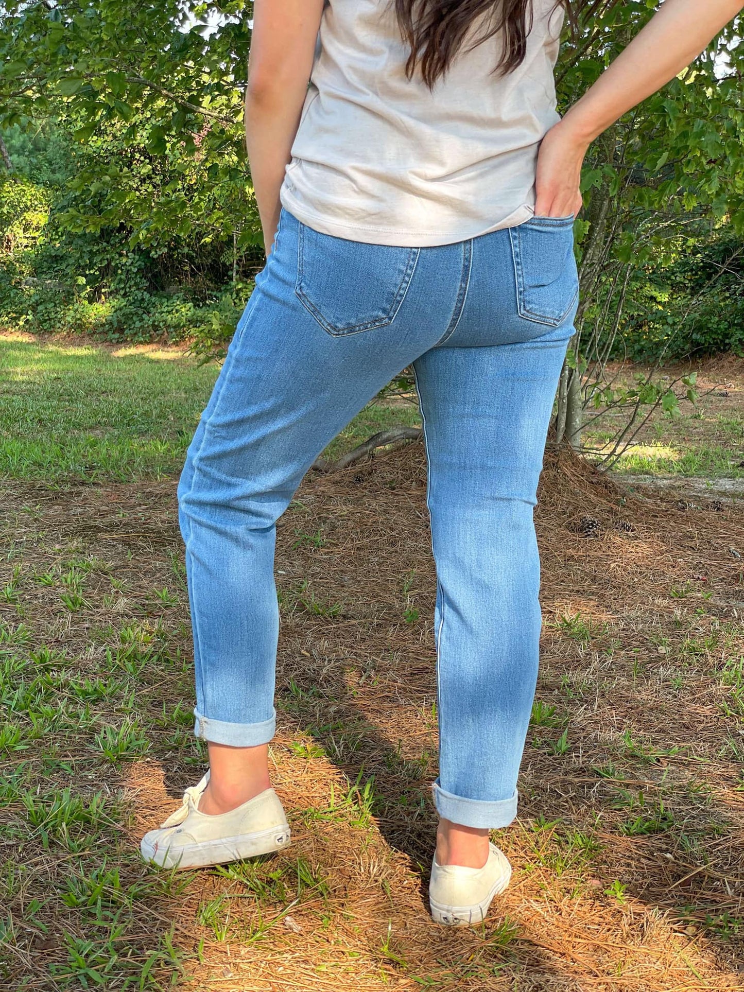 Non-Distressed Light Wash Mom Jeans