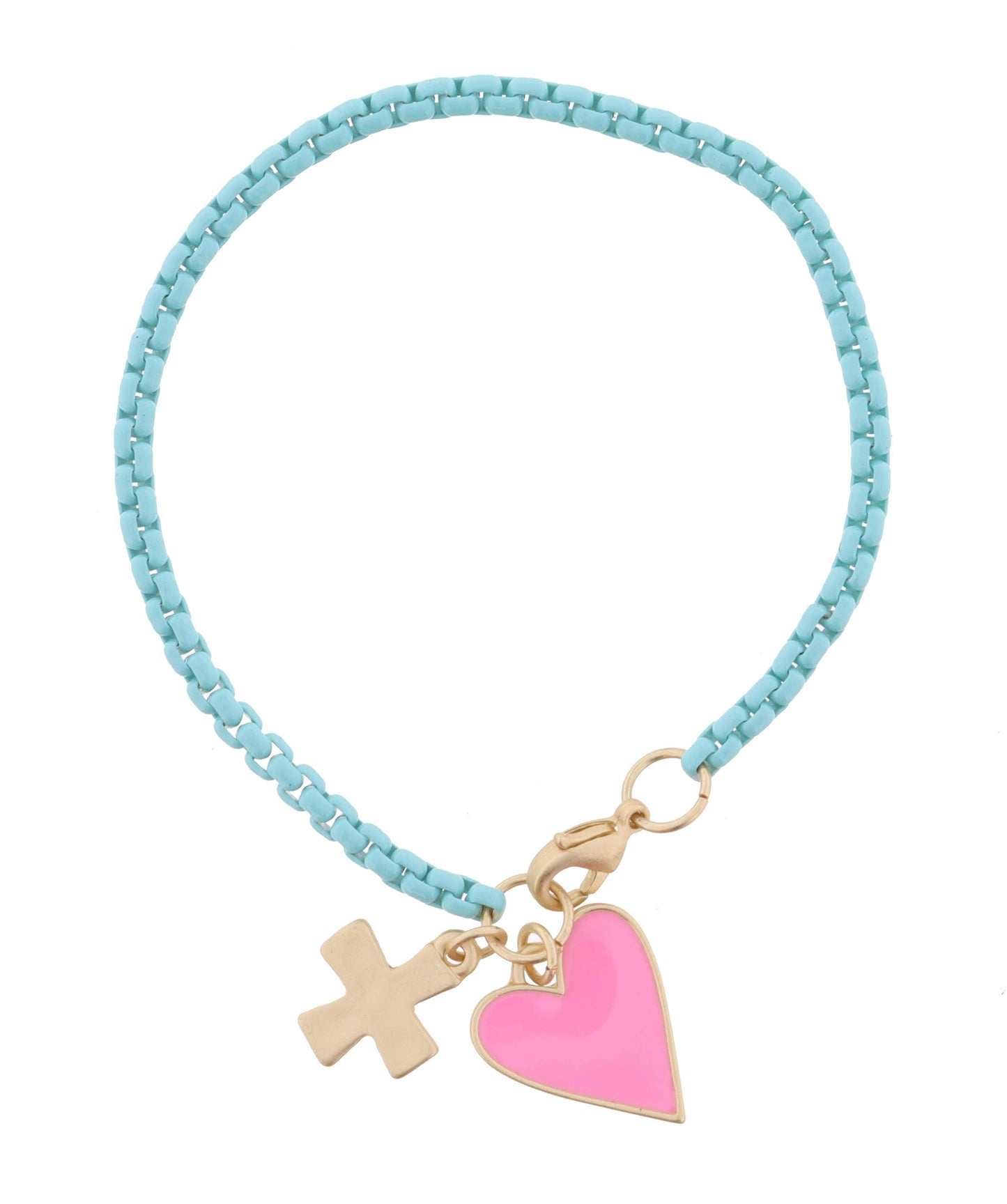 Kids Mint Box Chain with Cross and Pink Heart Bracelet