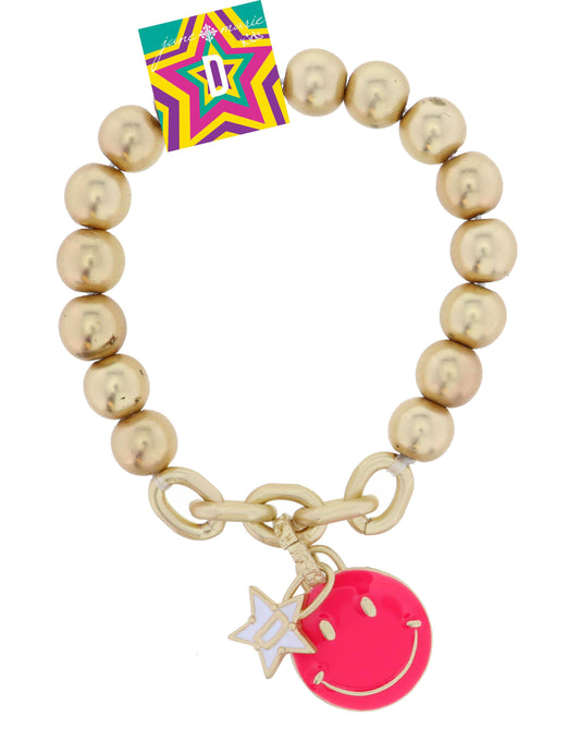 Kids Happy Face, Hot Pink & Yellow with Star "D" Bracelet