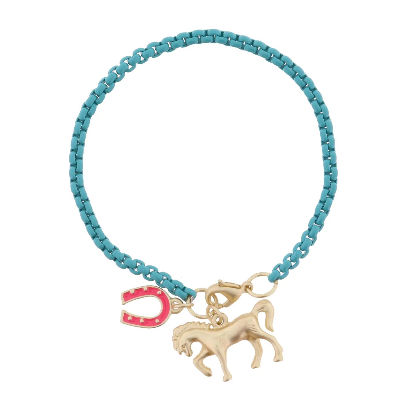 JM Kids Teal Box Chain with Hot Pink Horseshoe & Horse Bracelet