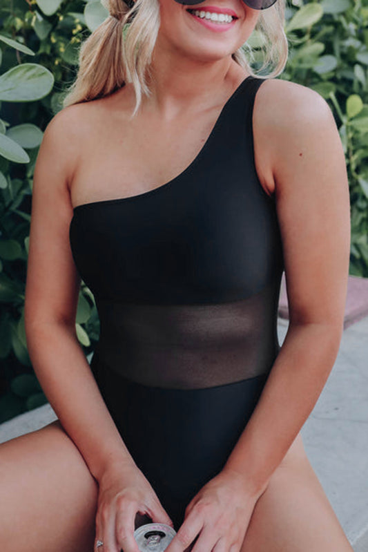 Black Single Shoulder Mesh One-piece Swimsuit