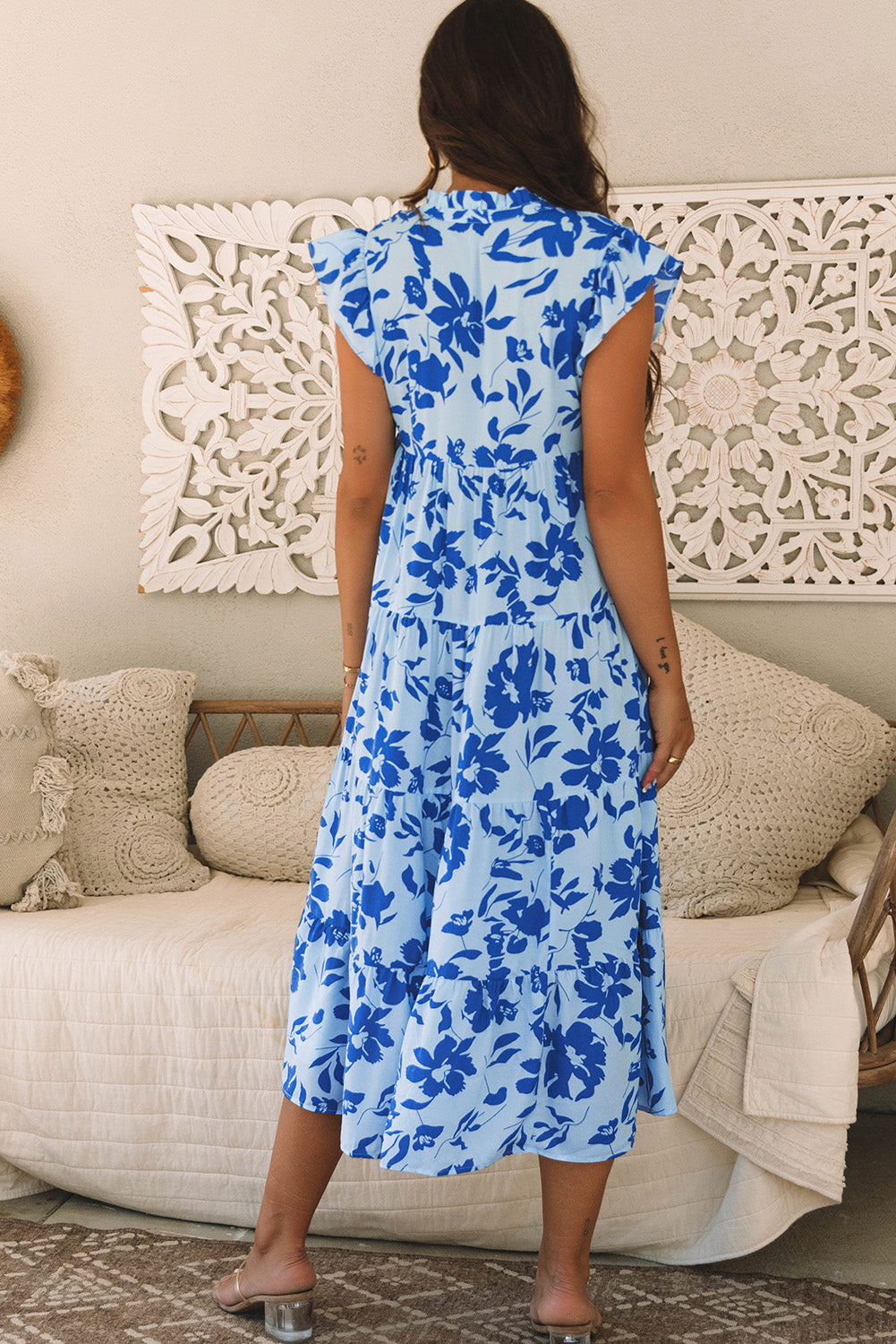 Sky Blue Floral Print Maxi Dress