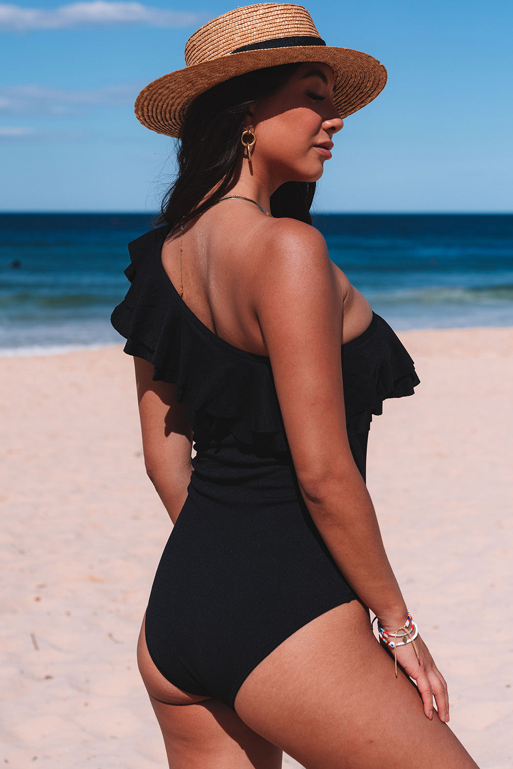 Black Ruffle Tiered One Shoulder One Piece