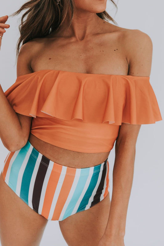 Orange Ruffled Top & Striped High Waist Swimsuit