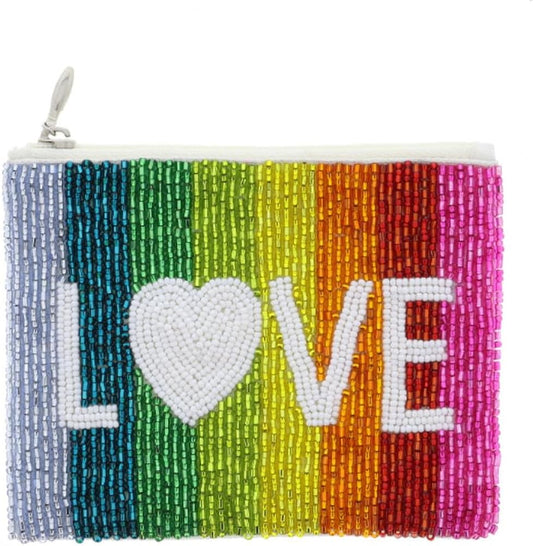 JM Beaded Rainbow Striped with White "Love" Coin Purse