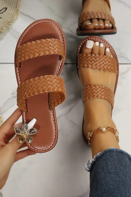 Chestnut Braided Double Band Flat Sandals