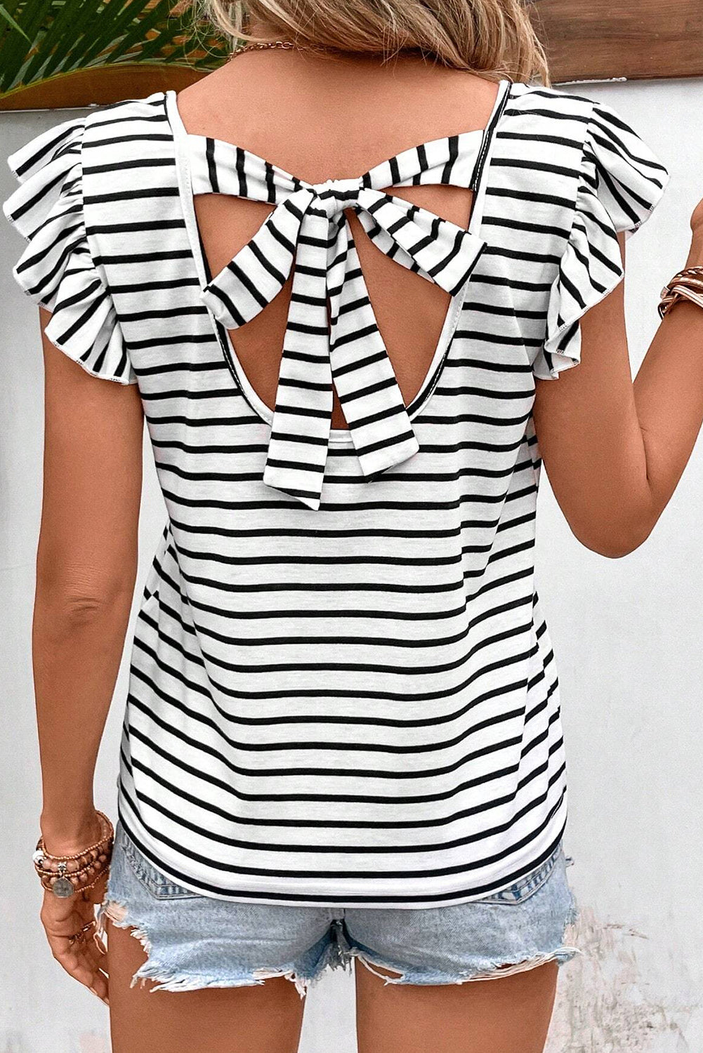 White Stripe Butterfly Sleeve Knot Back Shirt