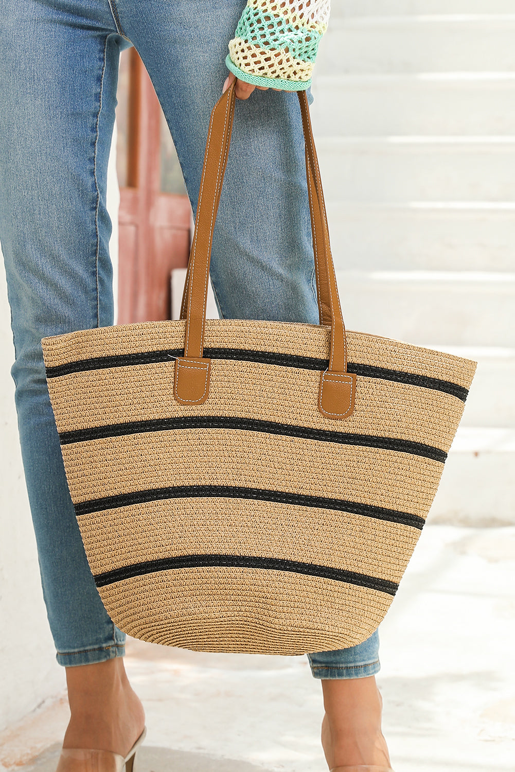 Black Straw Striped Vacation Shoulder Bag