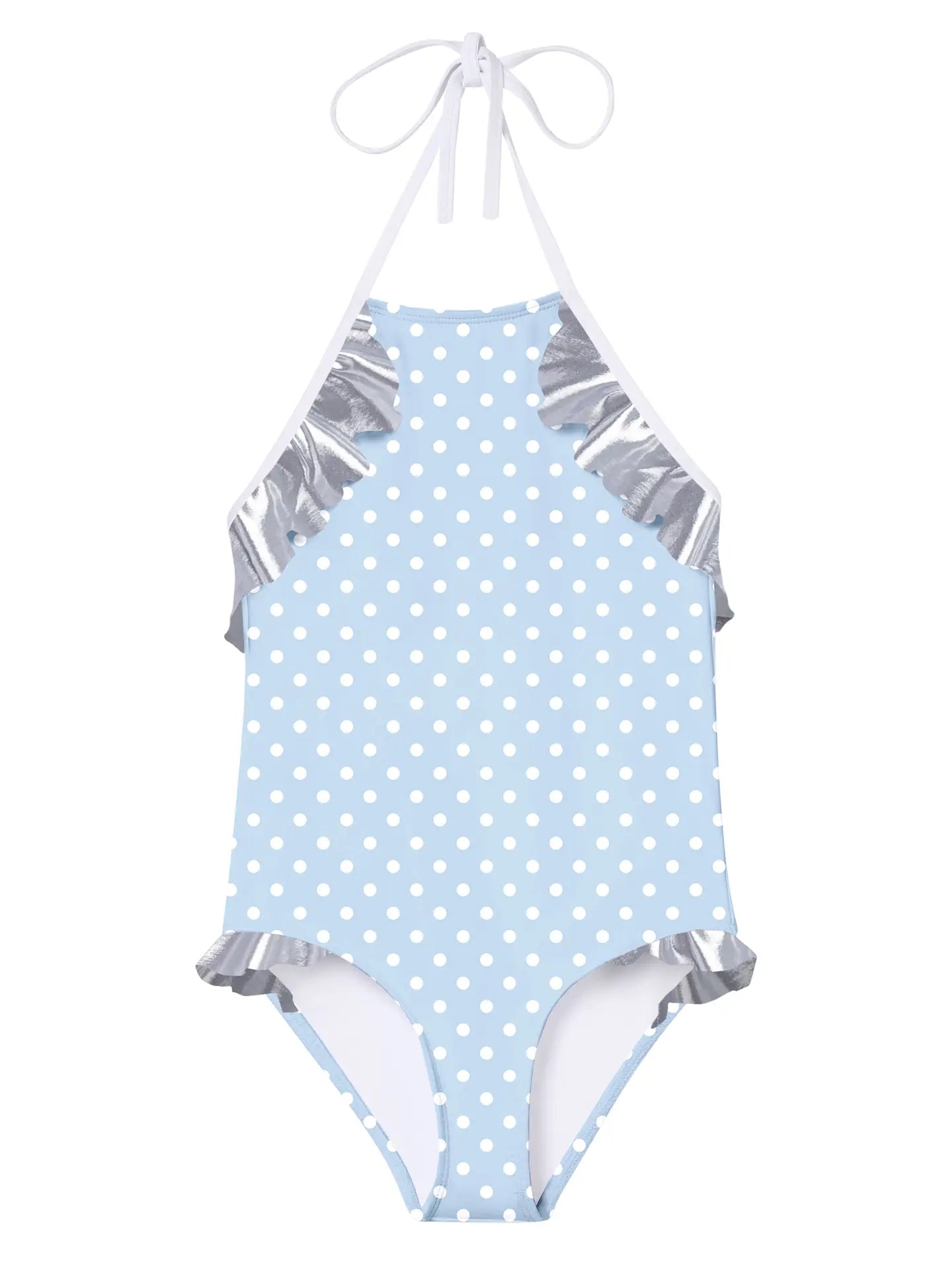 Polka Dot Silver Ruffle Swimsuit