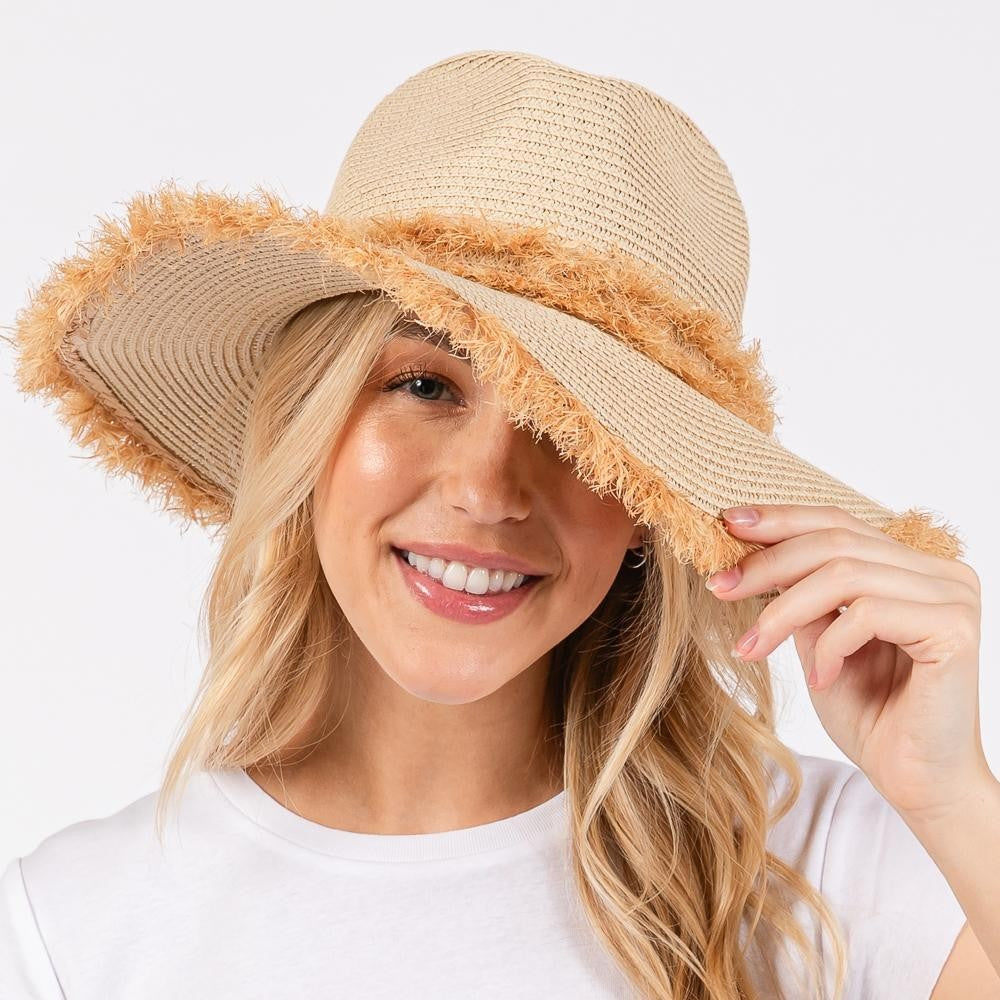 Straw Frayed Panama Hat - Beige