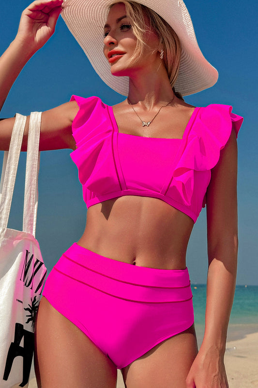 Rose Pink Tie Back Ruffled Bikini