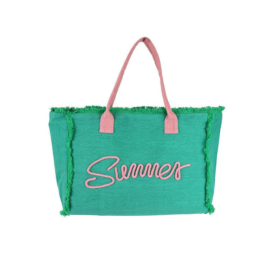 "Summer" Fringed Canvas Tote - Green