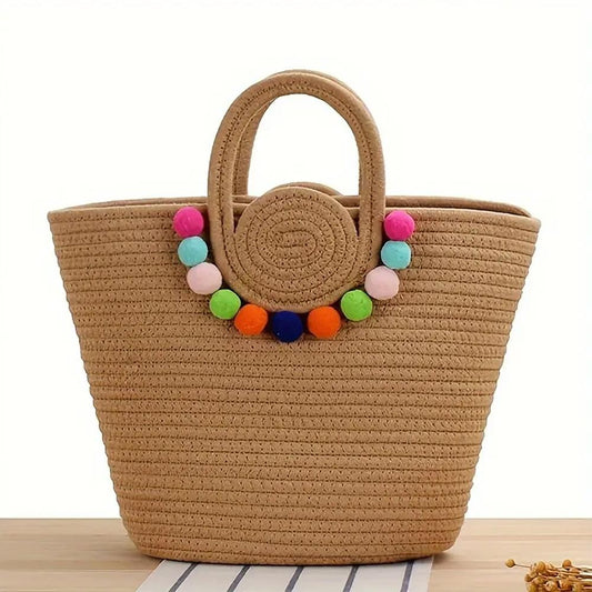 Woven Pom Pom Tote