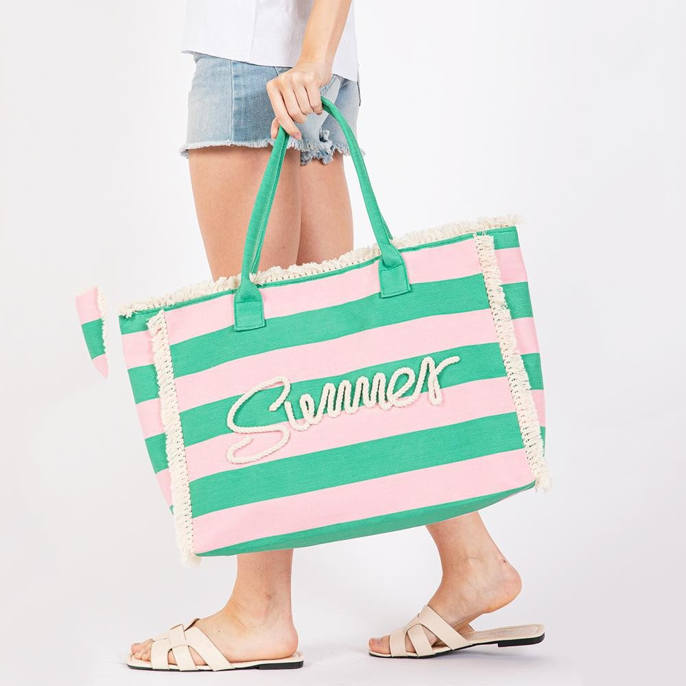 Striped Canvas Summer Tote - Pink & Green