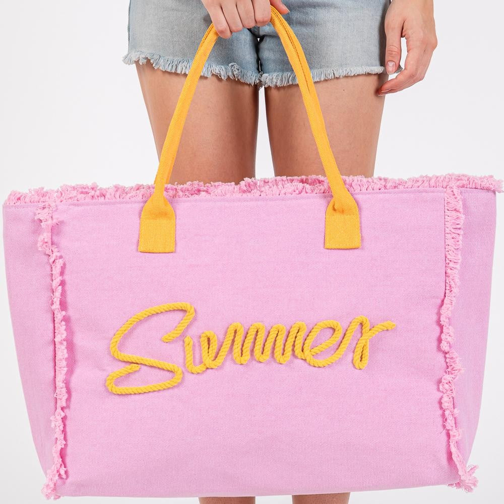 "Summer" Fringed Canvas Tote - Pink