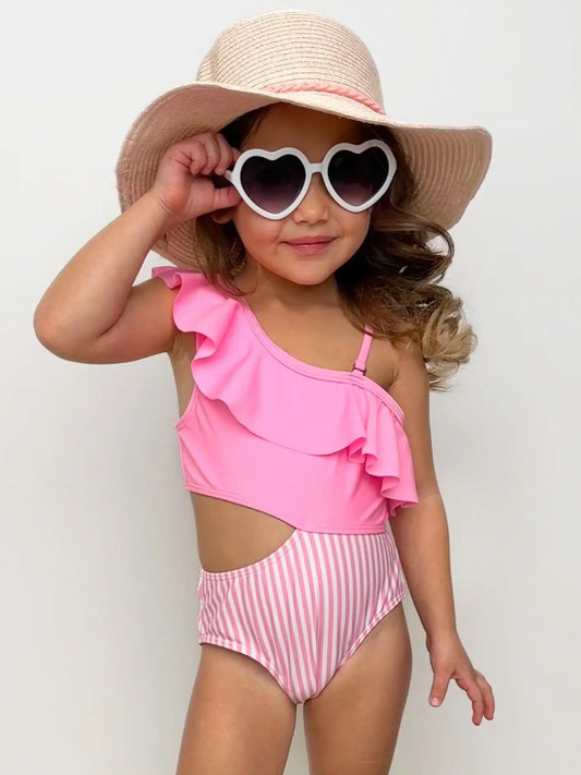 Girls Pink Stripe Swimsuit