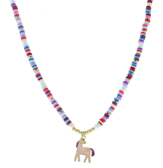 Kids Pearl Beaded with Pink & Purple Horse Necklace